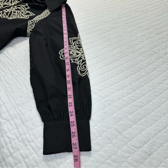 Elegant Button Down Black and Cream Embroidered Long Puff Sleeve Mini Dress - Picture 10 of 16